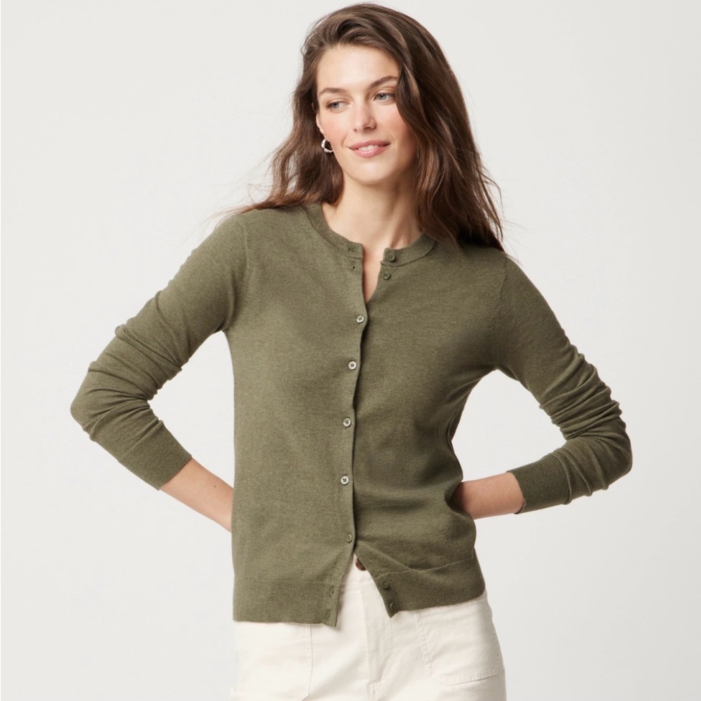 J. Crew Factory Olive Green Button-Front Crewneck Cardigan, Size Large.